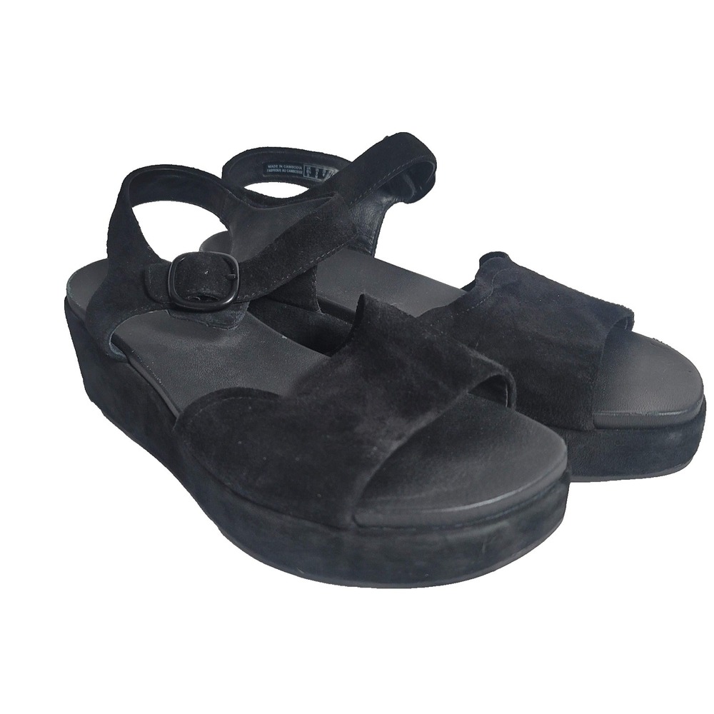 Clarks Sandals Womens Size 9 Black Suede Platform Wedge‎ Ankle Strap Comfort